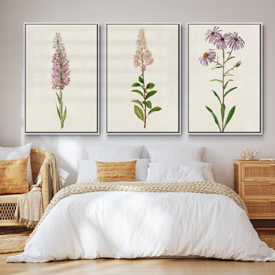 Mauve Garden Flowers I, ensemble de 3 toiles encadrées sur toile