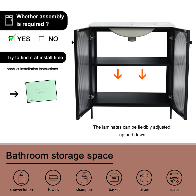 Rickelt 30.34'' Single Bathroom Vanity with Ceramic Top, Black