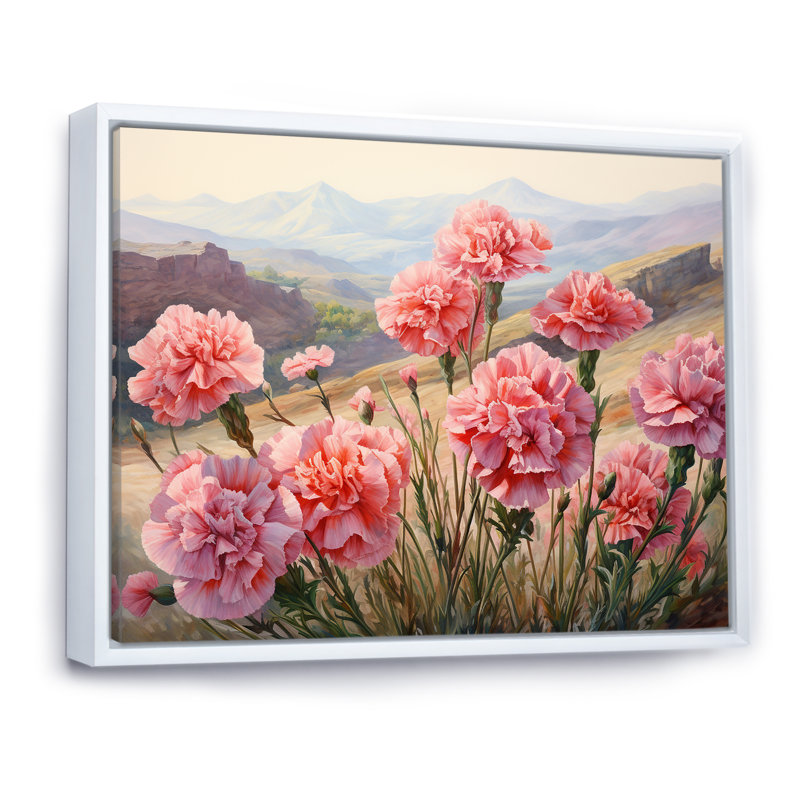 Œillets, charme dans un paysage de montagne sur toile, Cadre flottant blanc, H 12 po x l 20 po x P 1 po