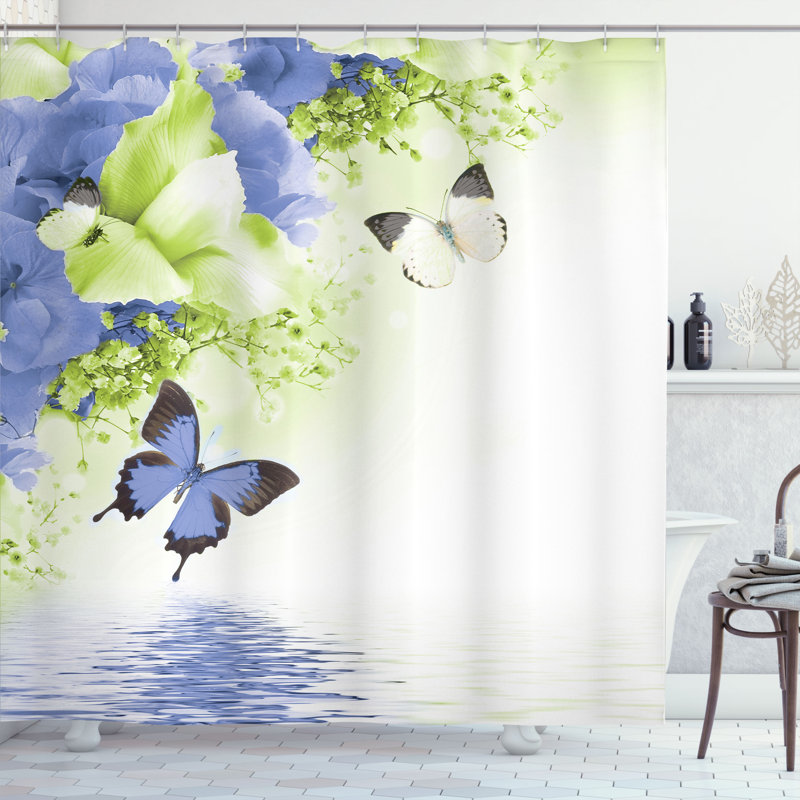 Ensemble de rideau de douche floral et crochets, H 84 po x l 69 po, Bleu plafond