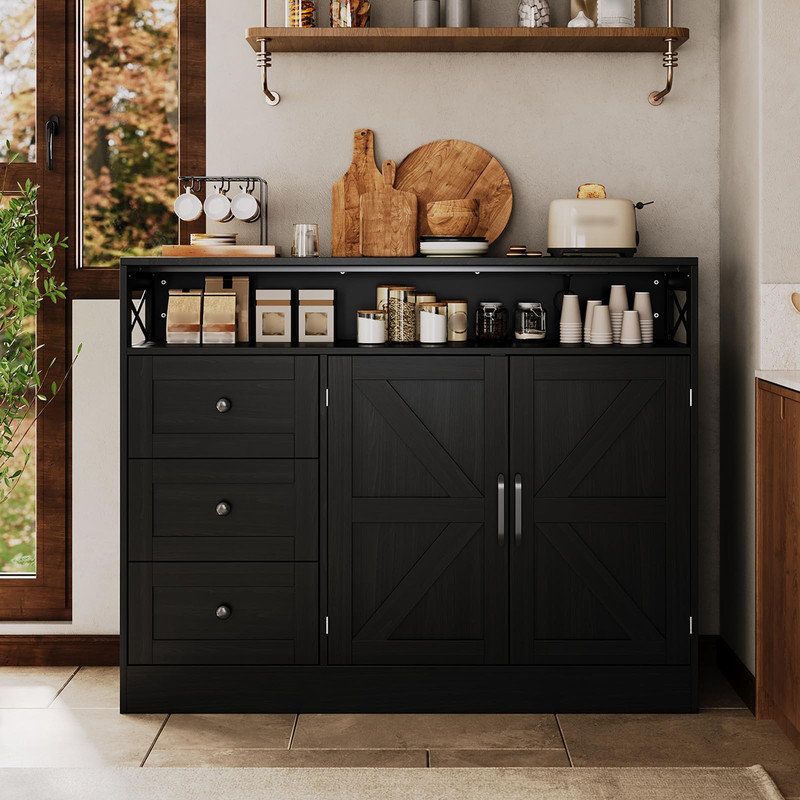 47" Buffet Sideboard Coffee Bar Storage Cabinet with Open Shelf, 2 Doors ,3 Drawers and Built-in Charging Station,Black