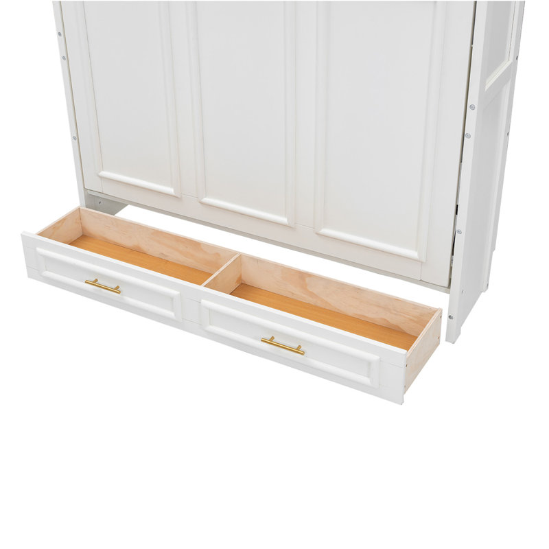 Lit escamotable double beige - Lit escamotable peu encombrant avec 2 tiroirs de rangement et armoire intégrée