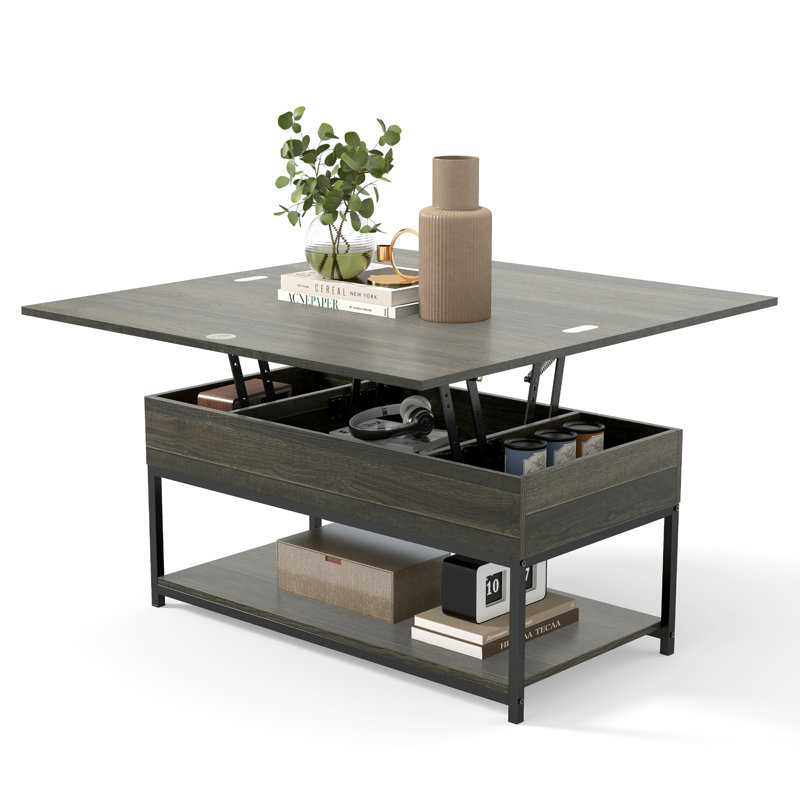 Table basse à plateau relevable 4-en-1 avec rangement caché et tablette ouverte Augus pour le salon, la salle à manger, Gris