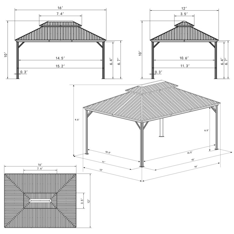 Caesar 12'x16' Dark Brown Aluminum Permanent Hardtop Gazebo with Netting