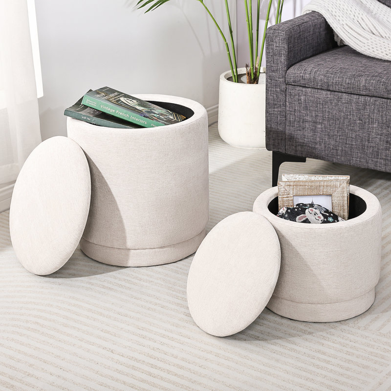 Set of 2 Round Fabric Storage Ottoman Footstool, Oatmeal