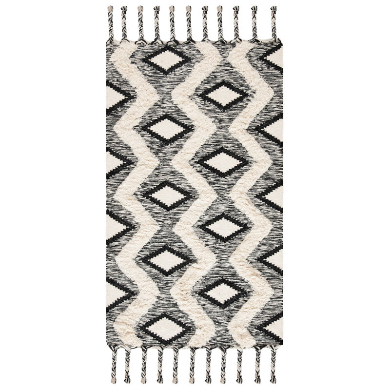 Alimatou Hand Knotted Wool/Cotton Geometric Rug in Beige/Black, Rectangle 3' x 5'
