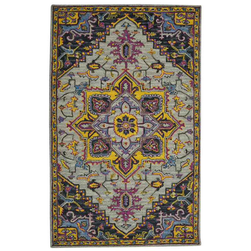 Tapis touffeté à la main 2 pi x 3 pi gris et mauve en laine
