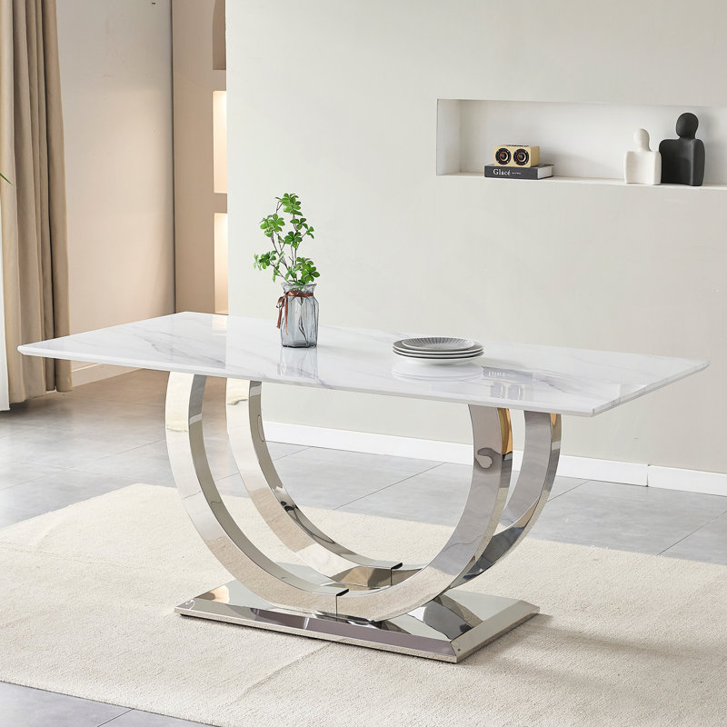 Table de salle à manger rectangulaire de 69,30 po, simple et moderne, plateau de table en marbre, plateau de table en panneau de fibres à densité moyenne, surface de miroir en acier inoxydable, motif de marbre pour 4 à 6 personnes, miroir argenté.