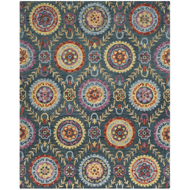 Tapis floral en laine et coton crocheté à la main Tomo, Rectangle 11 pi x 15 pi