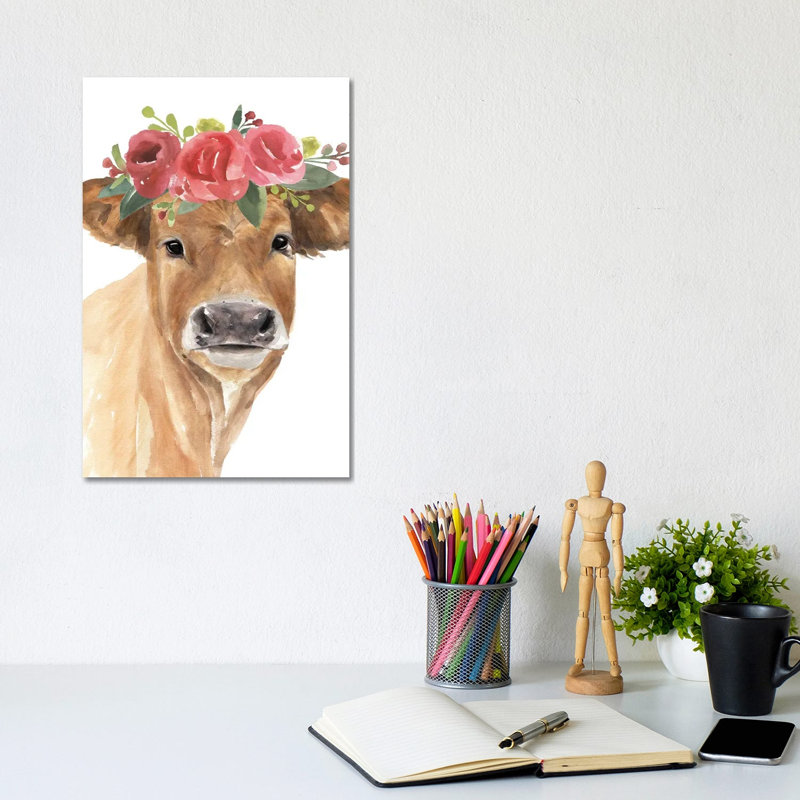 Flowered Cow I by Annie Warren - Wrapped Canvas Painting, 20.32 cm H x 30.48 cm W