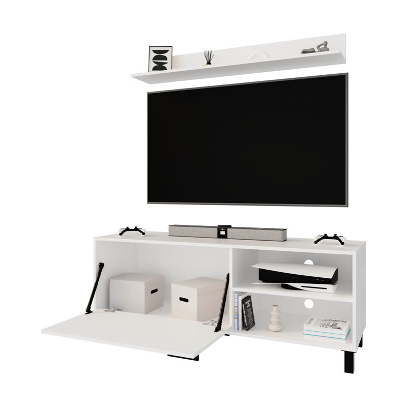 White Finished Tv Stand With Open Storage Compartment For Display, 1-Door Design Smaller Spaces, Arms Effortless Height Adaptation, Particle Board Main Body, 15.8 In Wide And Space Design, Surface,