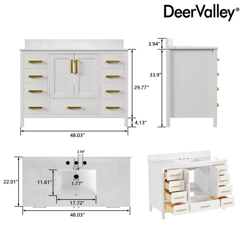 48'' White Bathroom Vanity with Ceramic Sink and Gold Hardware