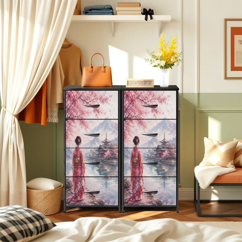 Commode de rangement verticale 4 tiroirs Serene Japanese Garden Cherry Blossoms Traditional