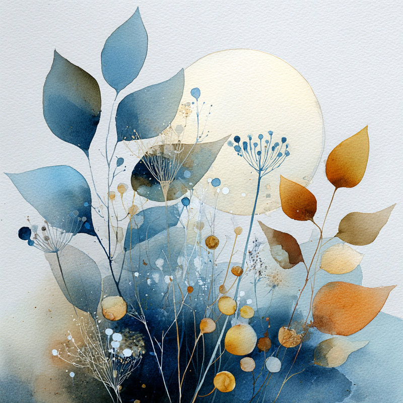 Art mural abstrait sur toile Moonlit Meadow - Fleurs sauvages abstraites en bleu et beige, H 20 po x l 20 po