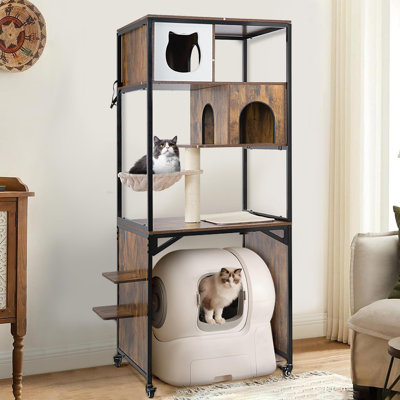 Cat Litter Box Enclosure With Metal Frame Indoor Cat Furniture Enclosure For Hidden Self-cleaning Litter Boxes, 27.6" L
