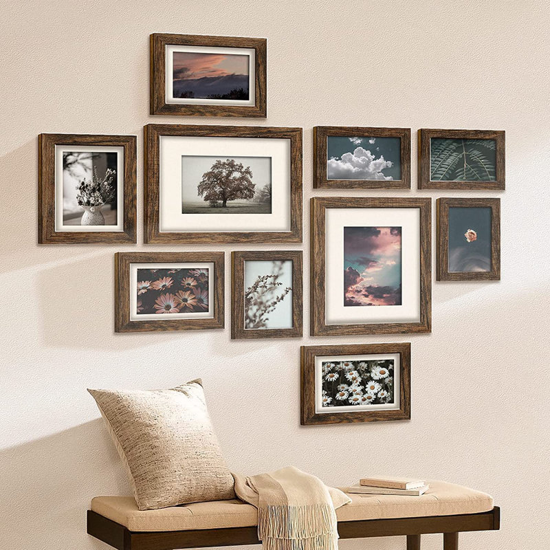 Picture Frames Collage Wall Decor, 10 Pack Photo Frame Set For Wall Gallery Decor-Farmhouse Wood Photo Display 8X10 Or 5X7 With Mat Or 4X6 Without Mat For Wall Mounting Or Tabletop-Rust Brown