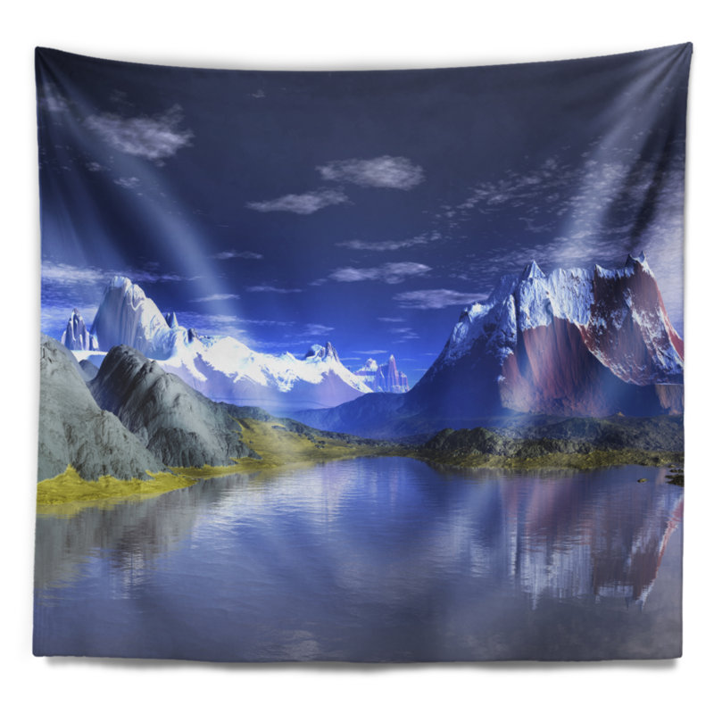 Paysage avec montagnes en 3D et tapisserie lacustre, H 50 po x l 60 po