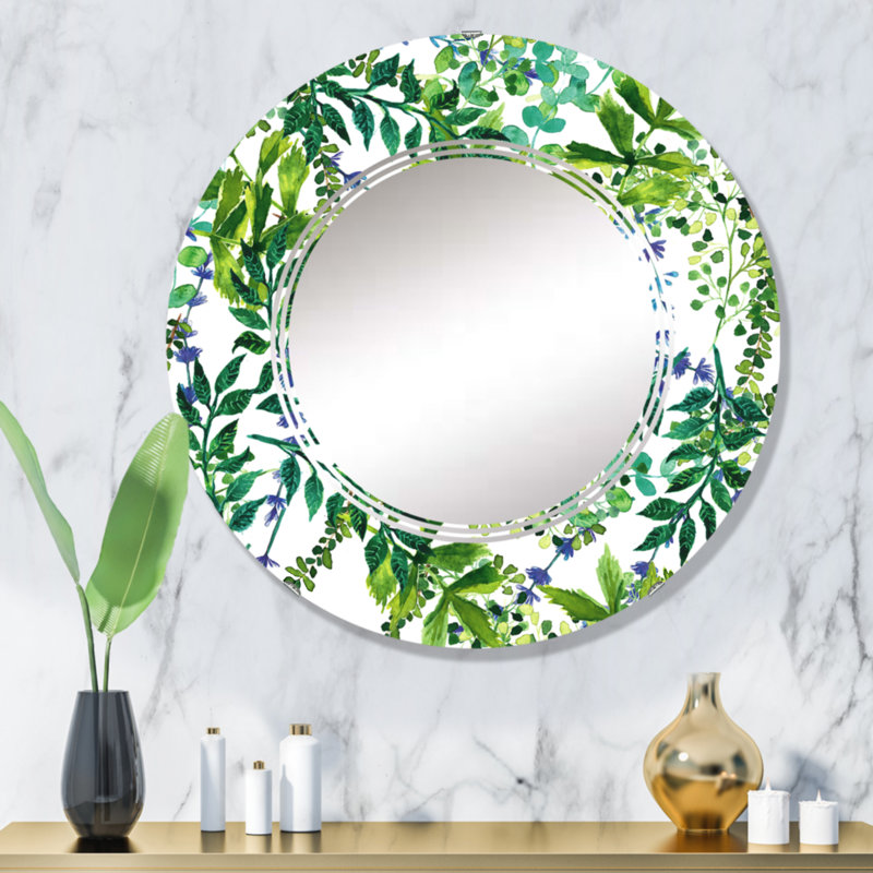 Green Herbs And Leaves On White - Miroir mural à motif rond, 32 po x 32 po