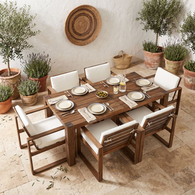 7Pcs Acacia Wood Outdoor Dining Set with Removable Cushions, Umbrella Hole and 6 Upholstered Chairs, for 6