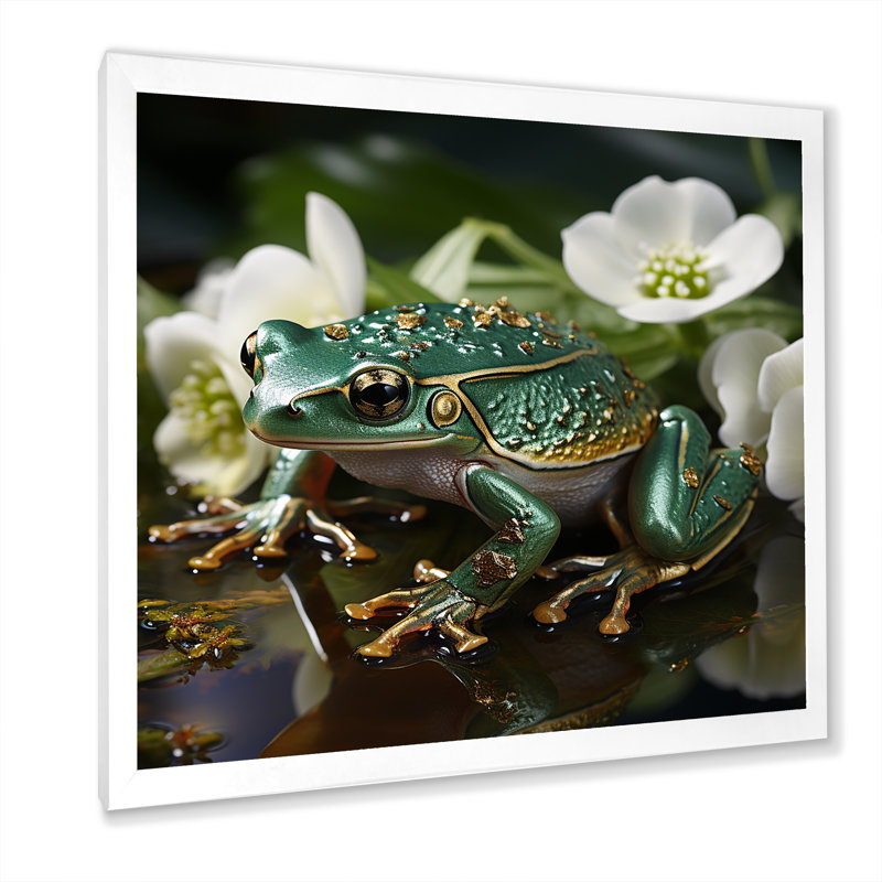 Grenouille verte sur verre, impression sur toile, H 16 po x l 16 po x P 1 po, Cadre simple blanc