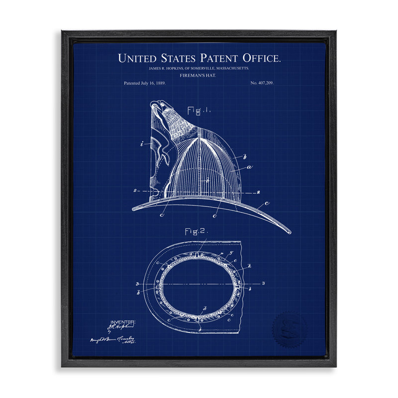 "Fireman's Hat Blueprint", art mural sur toile flottante par Karl Hronek, Cadre flottant noir de jais, H 21 po x l 17 po