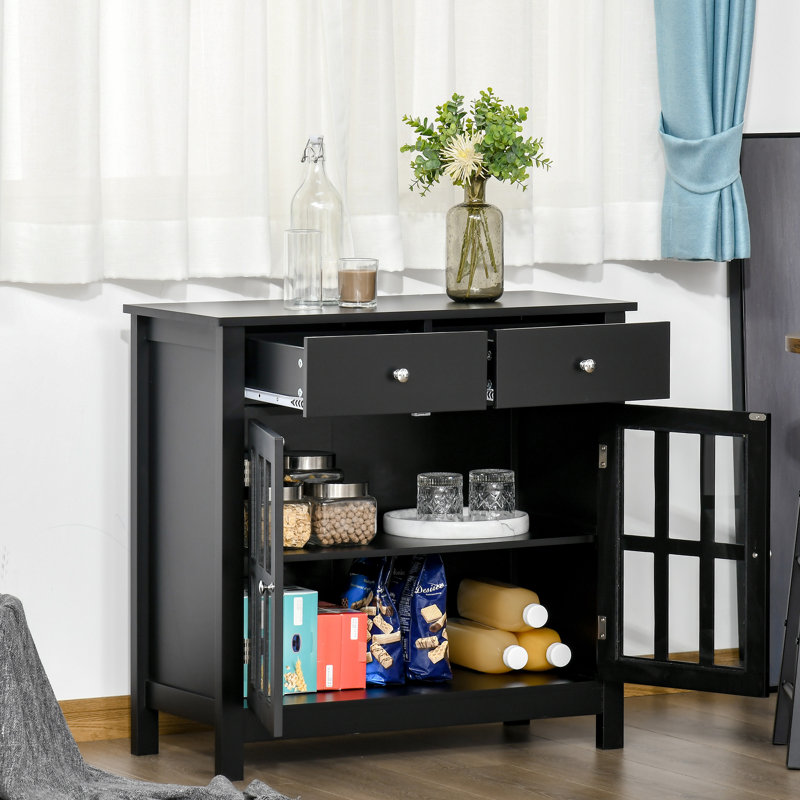 Audel Kitchen Cabinet with 2 Drawers and Glass Doors, Black