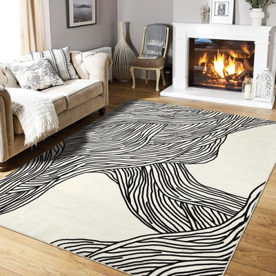  Tapis de couloir moelleux - 350 g / m² en fausse laine d'agneau, lavable à la machine, antidérapant, motif de nage moderne pour le vestibule, cuisine (noir et blanc)
