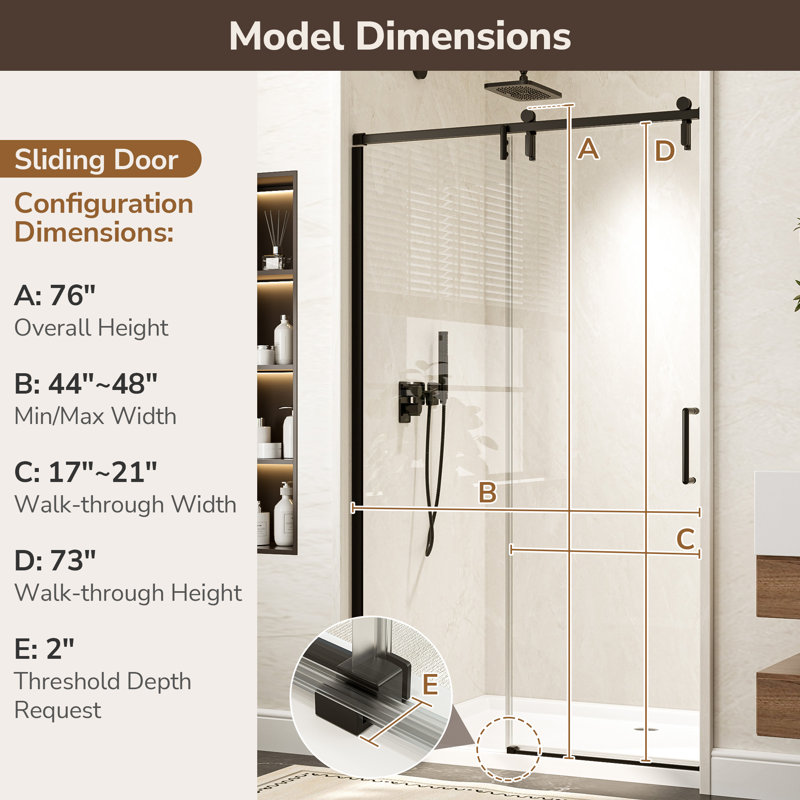 44"-48" W x 76" H Single Sliding Frameless Shower Door