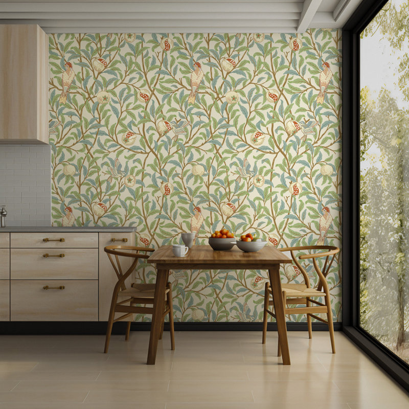 Papier peint rétro vert botanique et grenade, 100" L x 180" W, Peel & Stick