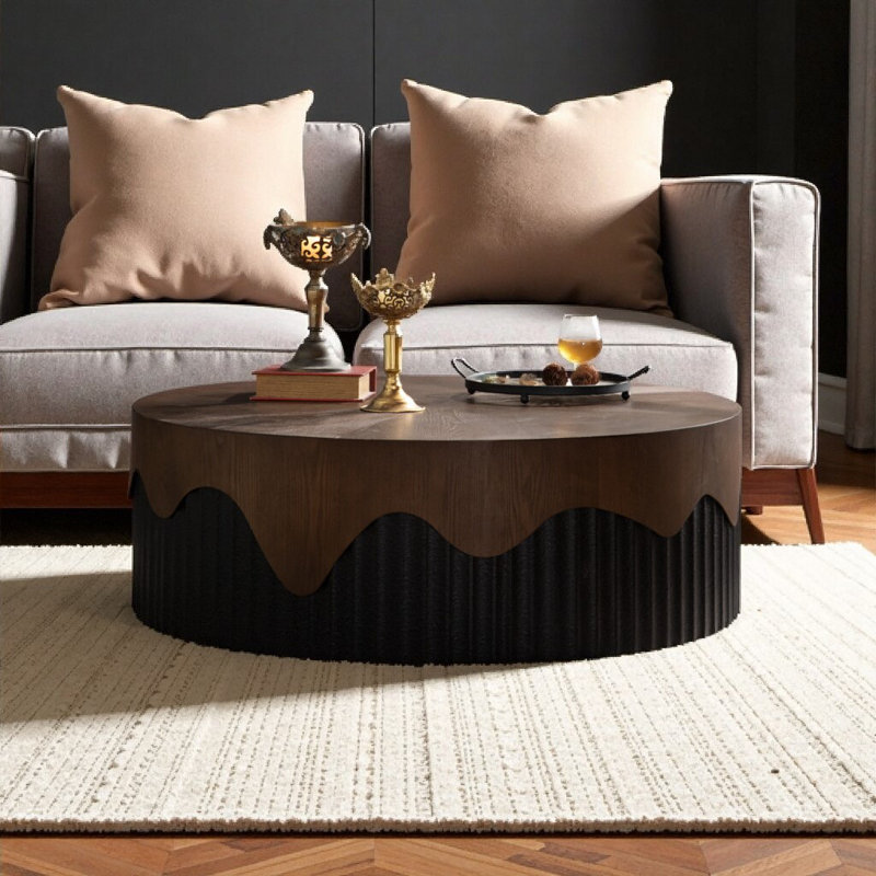 Table basse à piédestal 38,97 "ronde en noyer et noir, bois massif et panneau de fibres à densité moyenne, sans assemblage