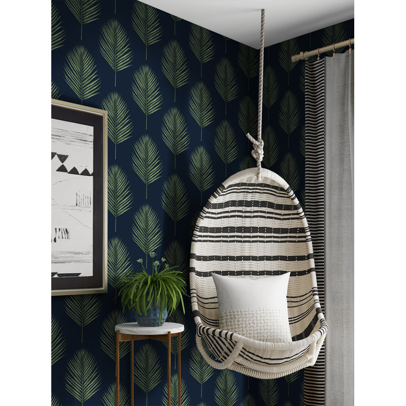 Luxe Haven Maui Palm 9' L x 27" W Smooth Peel and Stick Wallpaper Roll, Midnight Blue/Paradise Green