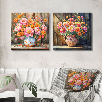 Coucher de soleil pivoines assorties - Bouquets assortis - art mural traditionnel sur toile, 2 pièces