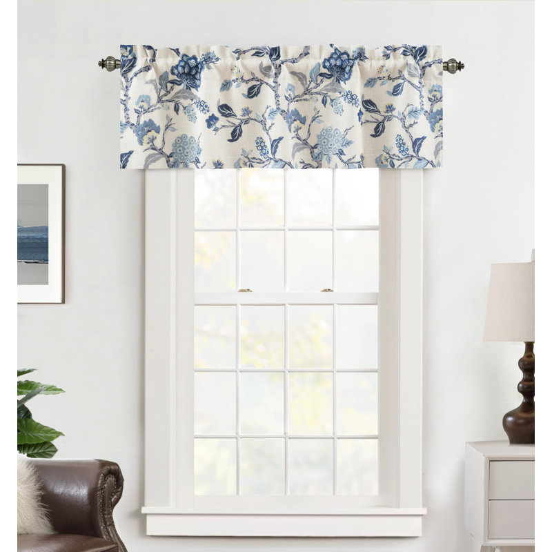 Ada Botanical Print Lined Flower Leaf Thermal Insulated Linen Blend Window Valance Rod Pocket, 52" W x 14" L, Linen Navy