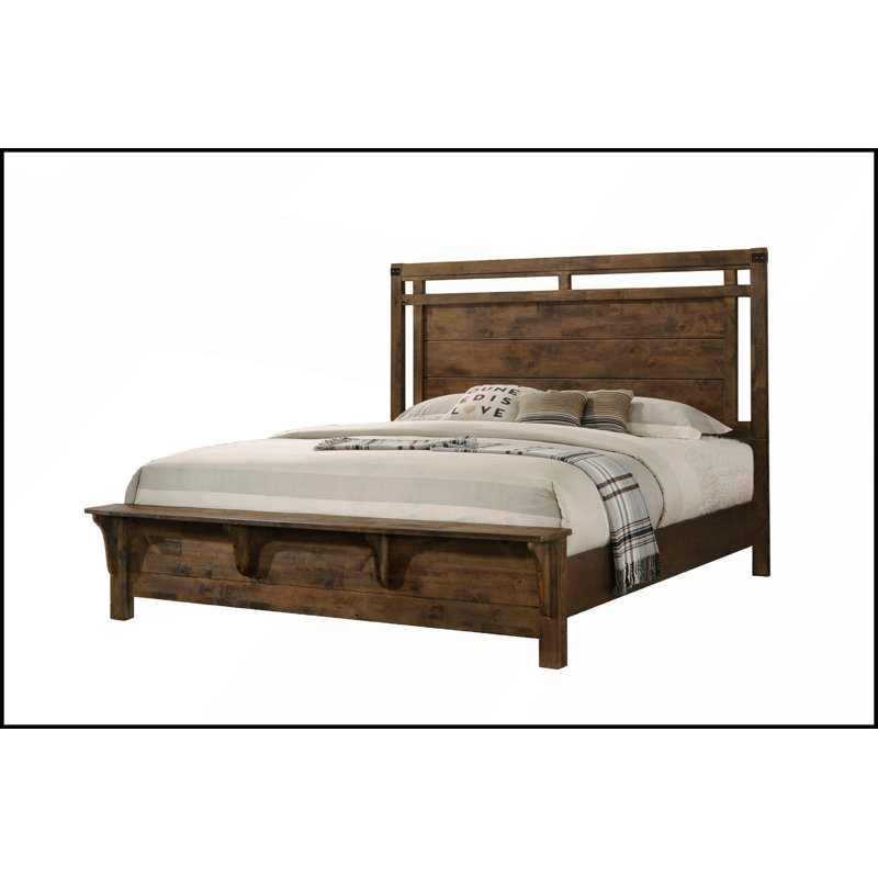 Tête de lit Queen Size en bois rustique vieilli avec pied de lit et banc robustes, mobilier de chambre durable en bois massif