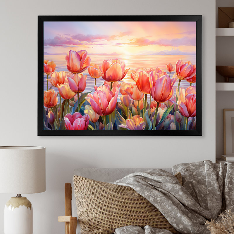 Tulipes coucher de soleil IV - Tulipes, art mural, H 12 po x l 20 po x P 1 po, Cadre simple noir