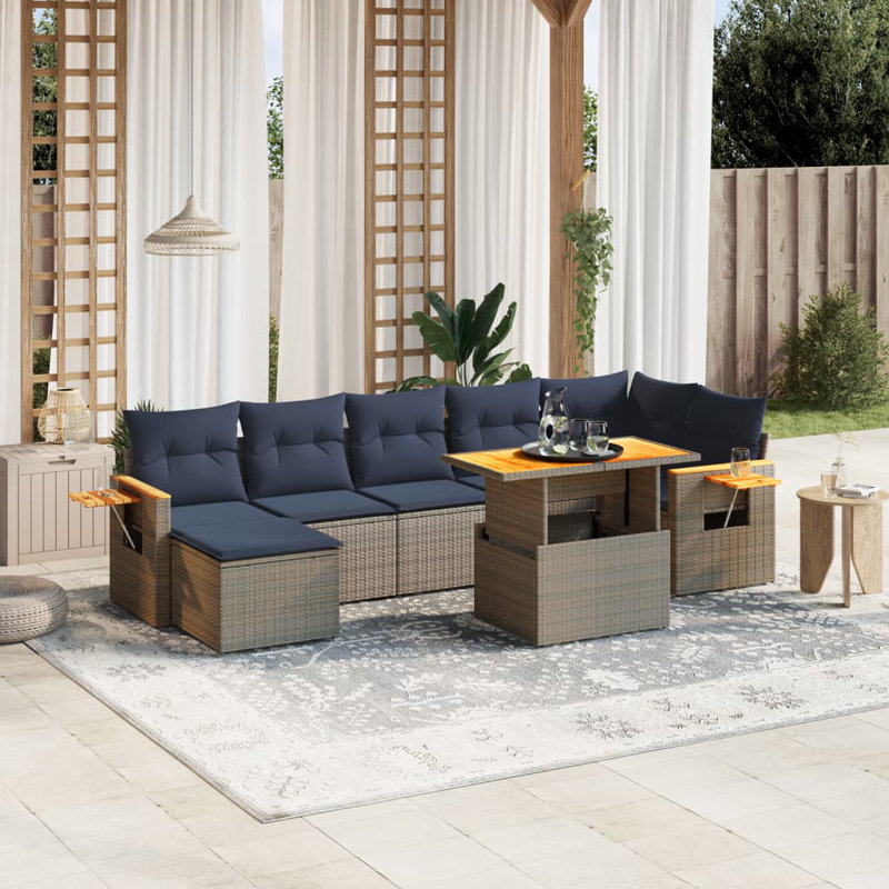  Ensemble de canapé de patio 8 pièces avec coussins en rotin de polyester, Gris, Bleu