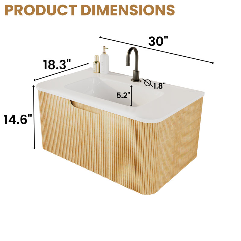 30" Wall Mounted Floating Single Bathroom Vanity with Ceramic Top, 30", Recessed Handle Drawer