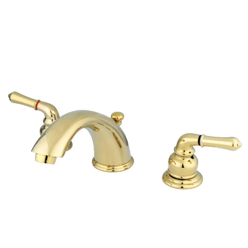 Kingston Brass Magellan Two-Handle 3-Hole Deck Mount Widespread Bathroom Faucet with Retail Pop-Up Drain, Polished Brass