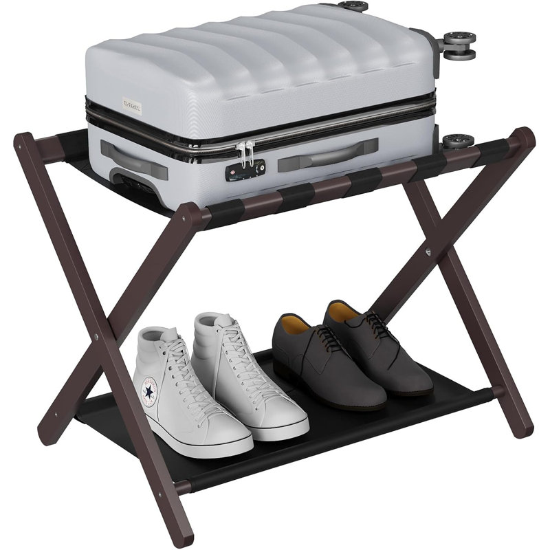 Foldable Suitcase Stand With Storage Shelf, Brown
