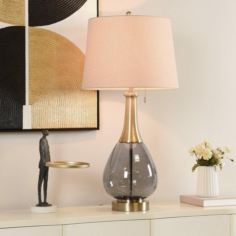Suhayl - Glass & Metal Table Lamp - Smoke Glass Brass Metal - Dark Beige Shade