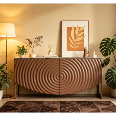 Artistic Curved Storage Sideboard Cabinet, Three-Dimensional Wave Texture Panel, Easy-Clean Faux Marble Countertop, Sturdy Metal Legs, Multi-Purpose 4-Door Buffet Cabinet for Nordic Minimalist Home Decor