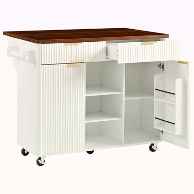 52" Fluted Kitchen Island With Drop Leaf, Power Outlet,  Kitchen Storage Cart With Adjustable Shelves, 2 Doors And 2 Drawers, Rolling Island Table With Walnut Color Top For Kitchen
