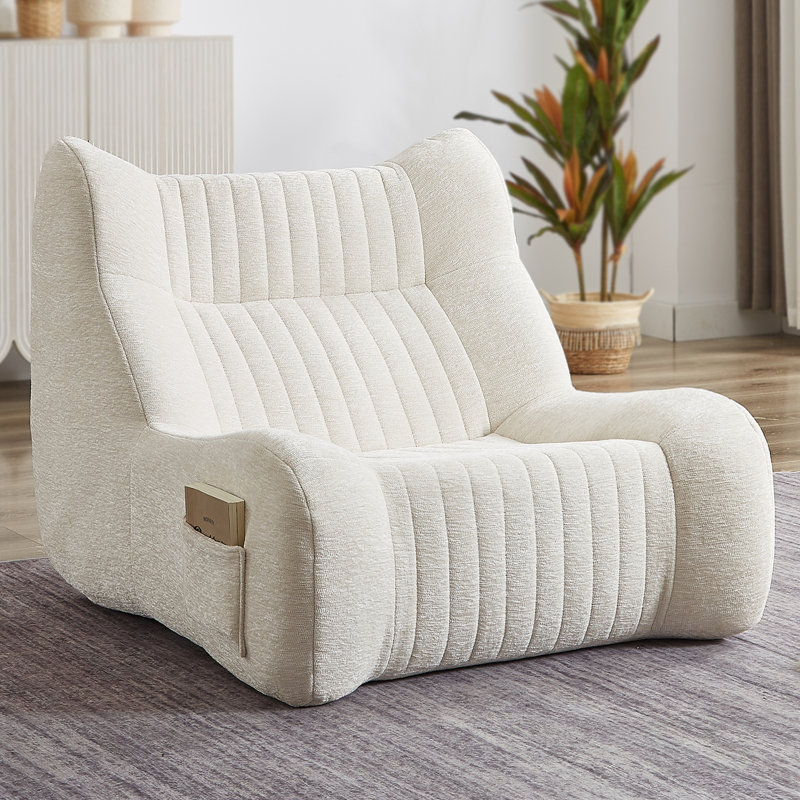 Fauteuil à billes Graysen en velours avec accoudoirs et poche latérale, Chenille blanche