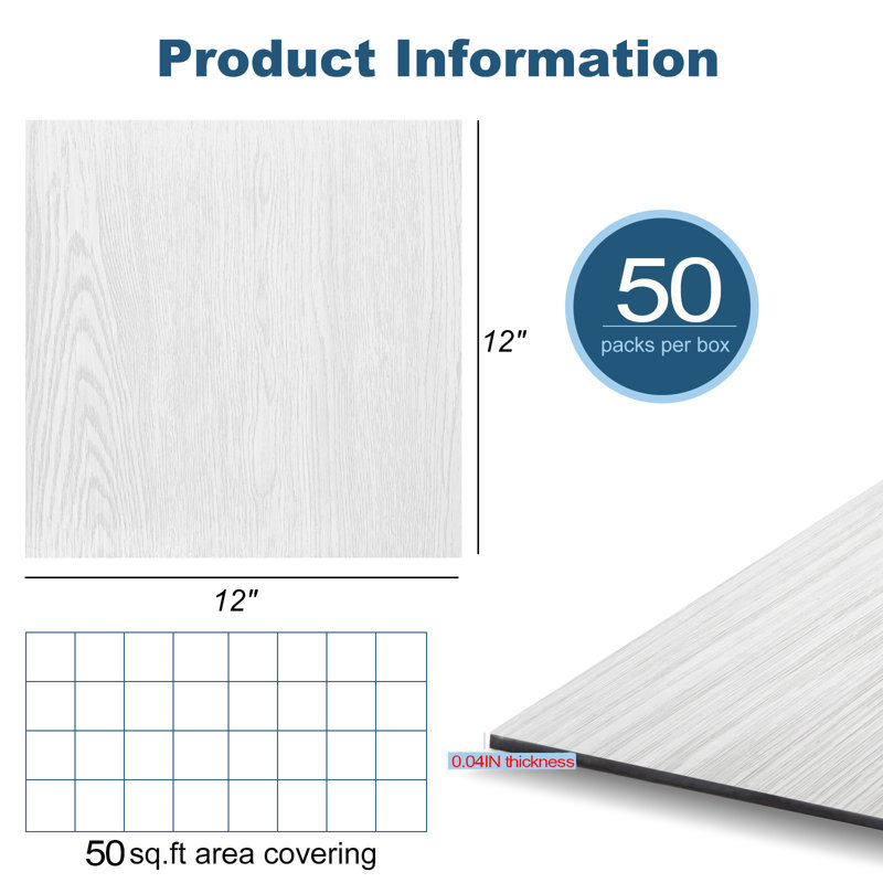 12" x 12" Luxury Vinyl Tile,Self-adhesive Vinyl Flooring, Whitewashed Pine2