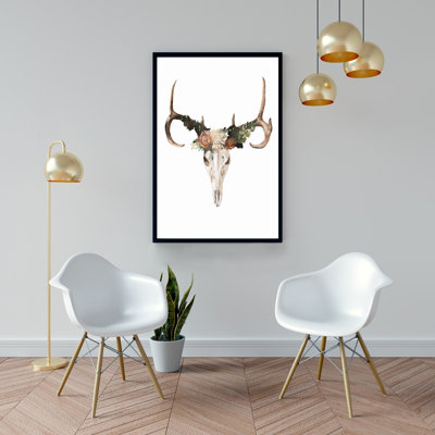 Crâne de cerf avec des roses - Fleurs Hygge, décoration sur toile encadrée