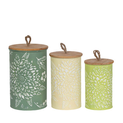 Ensemble de 3 pots en métal à motif floral vert en relief 10,5 po