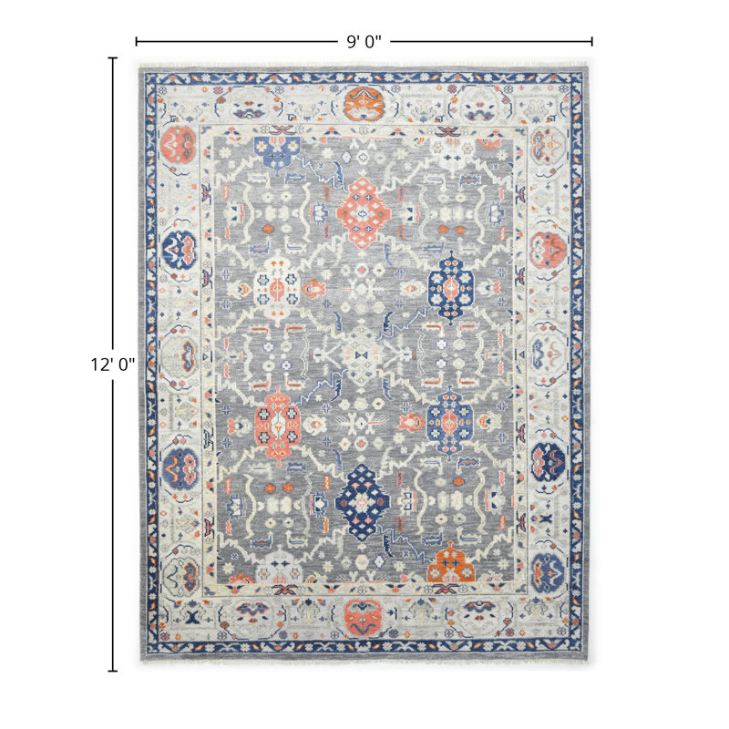 Hand Knotted Oriental Area Rug in Light Gray/Blue/Orange, Rectangle 9' x 12'