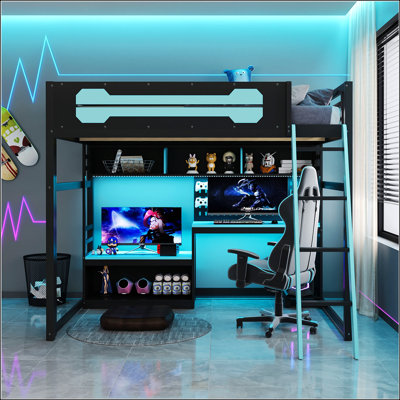 Lit mezzanine double en bois avec bureau, tablettes, lumières DEL, ports USB et panneau perforé, noir et bleu
