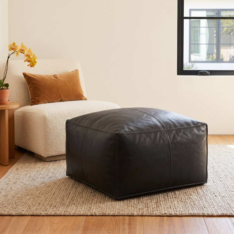 Emily 22" Genuine Leather Square Pouf Ottoman