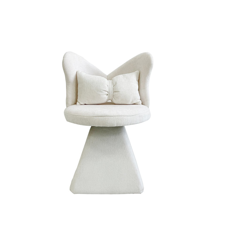 White Fabric Swivel Vanity Chair with Butterfly Back Design and Triangular Base for Bedroom or Dressing Room